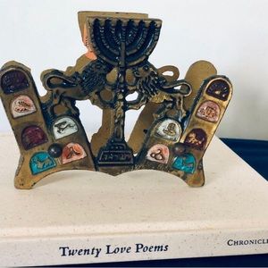 Vintage Judaica brass napkin/letters holder with Menorah 12 Tribes of Israel